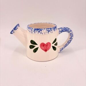 VTG Pottery Ceramic‎ Mini Watering Can Pitcher Blue Spongeware Heart Cottagecore